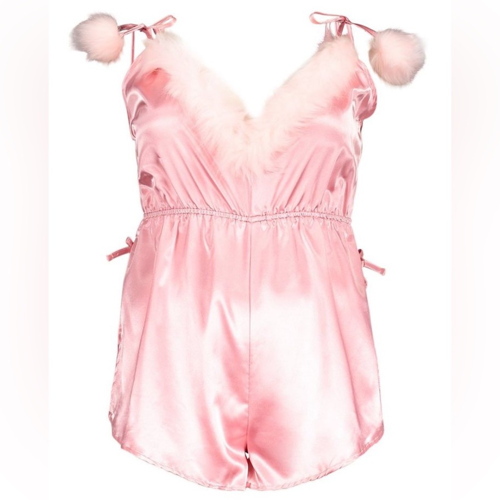 Boohoo Pink Chemise Romper with Fur Trim and Pom-Pom Details